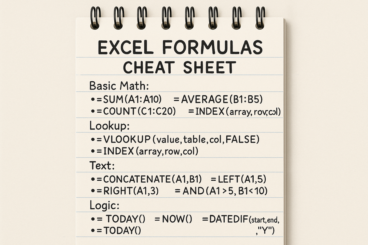 Excel formulas master sheet in a notepad. Just like a cheat sheet