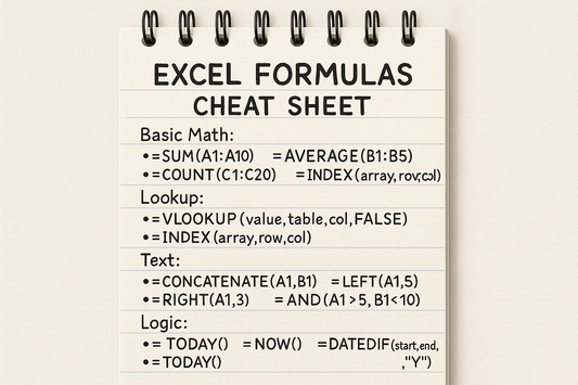 Excel formulas master sheet in a notepad. Just like a cheat sheet